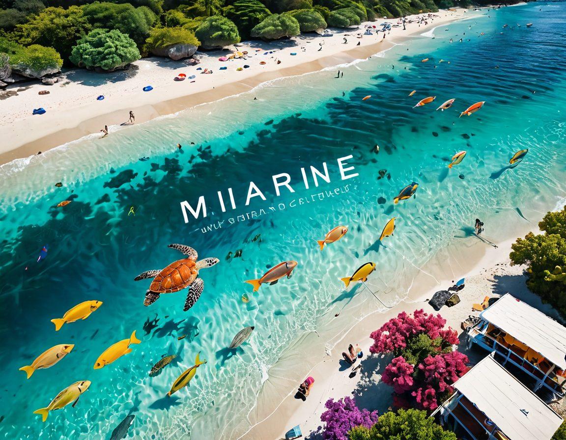 A colorful underwater scene featuring diverse marine life such as vibrant fish, sea turtles, and coral reefs, all creatively forming the words 'Engaging Content Creation'. Above water, a sunlit beach with people enjoying various activities like brainstorming and writing, surrounded by surfboards and beach chairs. The atmosphere is lively and inviting, capturing the essence of a marine community. bright colors, painterly style, dynamic composition.