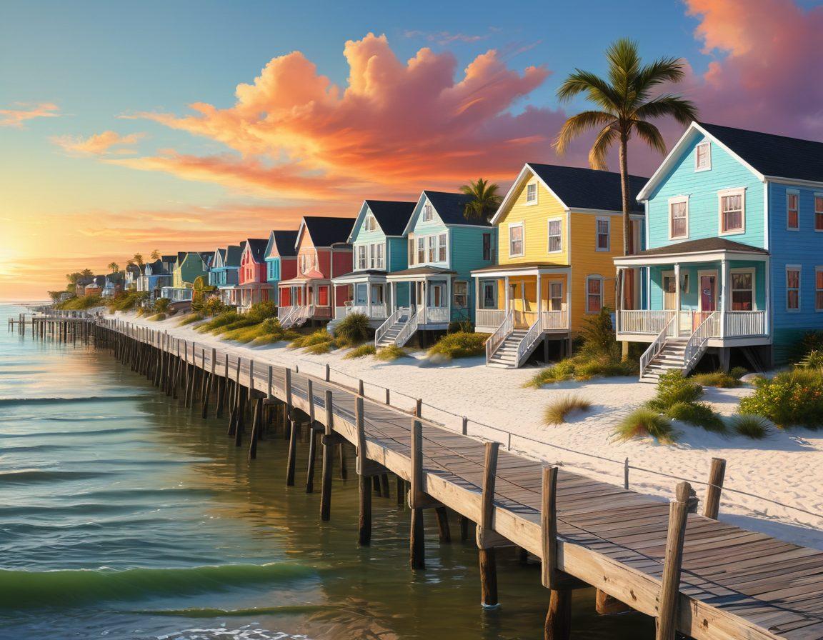 A picturesque coastal scene of Oyster Bay showcasing colorful beach houses, a bustling boardwalk with people enjoying a sunny day, and local artists painting nearby. Include palm trees swaying in the breeze with a vibrant sunset in the background. Convey a sense of community and creativity. super-realistic. vibrant colors. 3D.