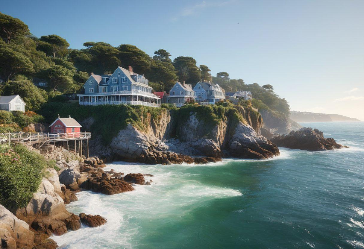 A picturesque coastal scene of Oyster Bay, featuring vibrant ocean waves crashing against rocky cliffs, with a charming seaside village in the background. Include bloggers with laptops and cameras, passionately capturing tales and scenic views, surrounded by marine life and lush greenery. Create an inviting, sunlit atmosphere to evoke inspiration and creativity. super-realistic. vibrant colors. high detail.